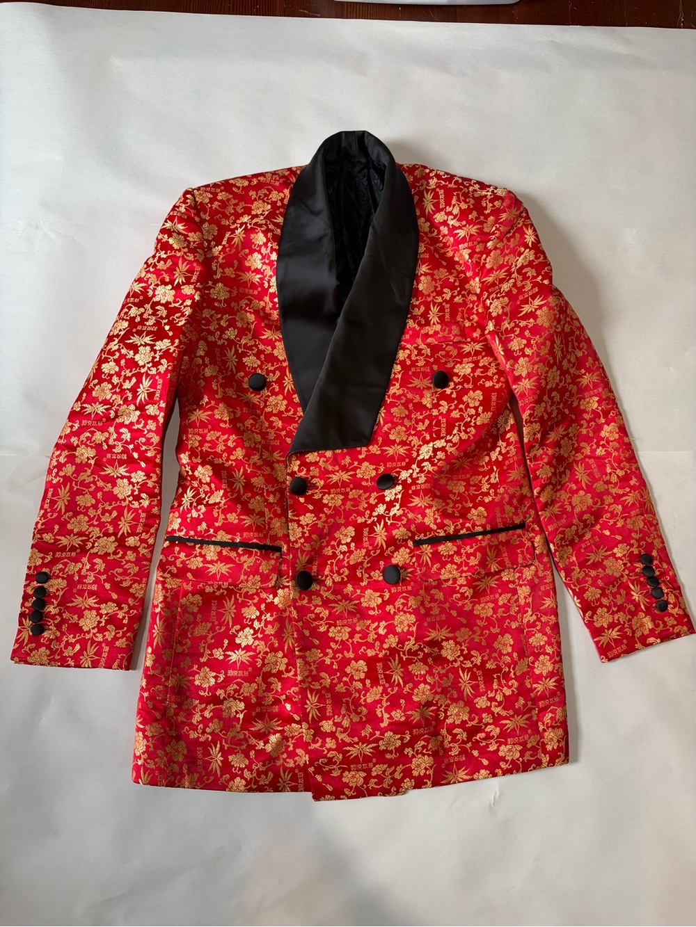 Double-Breasted Red & Gold Jacquard Tuxedo Dinner Blazer